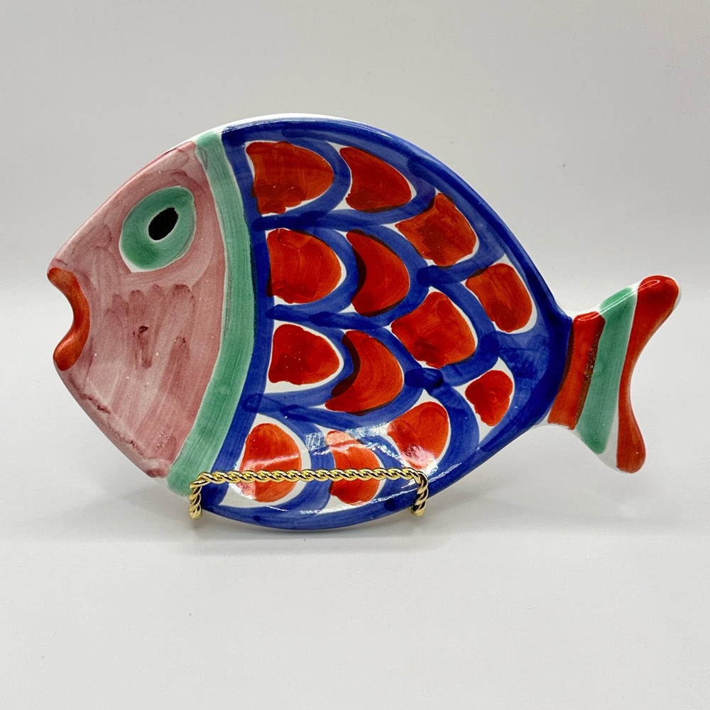 Fish Plate 7.5” Multi-Color Serving Platter Italy Made Pottery Pink Blue Coral